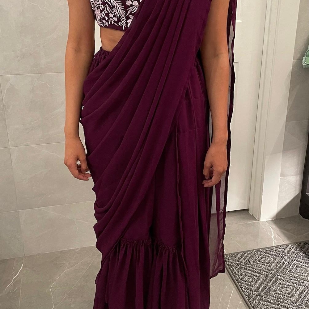 Chic Plum Sari with Floral Blouse